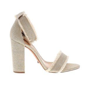 SCHUTZ Oyster Ankle Strap Block Heels fringed trim 10B